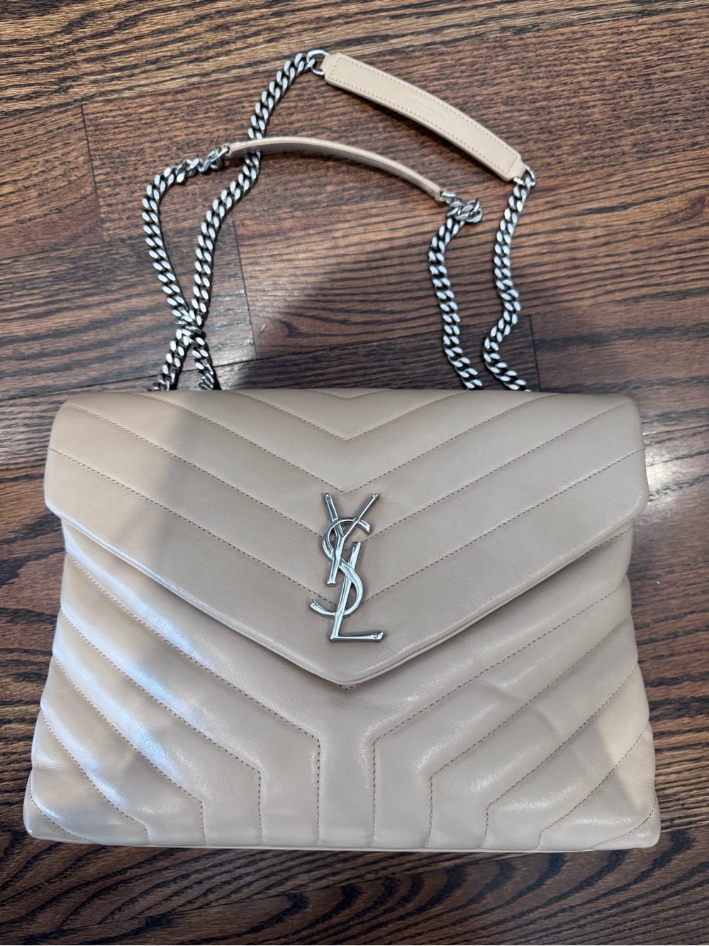 Saint Laurent Quilted Chevron Leather Shoulder Bag in Nude Beige